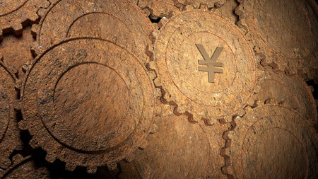 Multiple rusty gears on different layers with one in the spotlight showing a chinese yuan symbol economy business concept 3D illustrationの写真素材