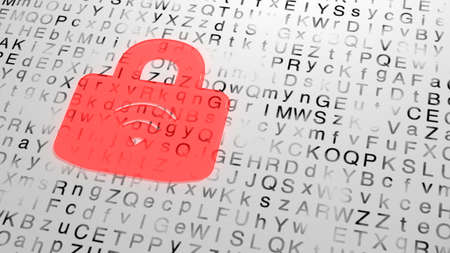 Red wireless padlock made of shiny red glass on a random white grunge letter background 3D illustration cybersecurity conceptの写真素材