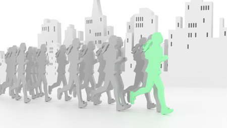 Group of female runners in grey in front of a city skyline with the front runner in green fitness and competition concept flat design 3D illustrationの写真素材