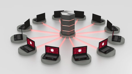 Twelve laptops arranged in a circle around a hexagon server with glowing red fiber connections...