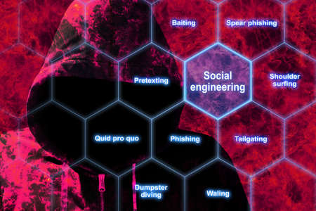 Hexagon grid with social engineering keywords like phishing and tailgating with a red hacker in flames backgroundの写真素材