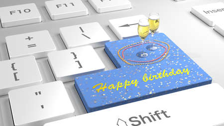 White keyboard with flat keys with the enter key in blue showing happy birthday and two glasses of champagne 3D illustrationの写真素材