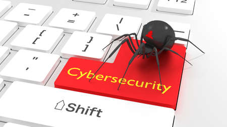 Black spider with a red hacker symbol crawling over a white computer keyboard to the red enter key with the word cybersecurity 3D illustrationの写真素材