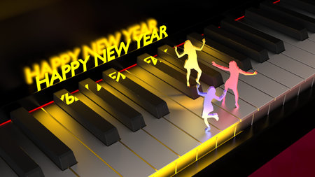 Three women dancing on a piano keyboard under differently colored spotlights with a glowing happy...