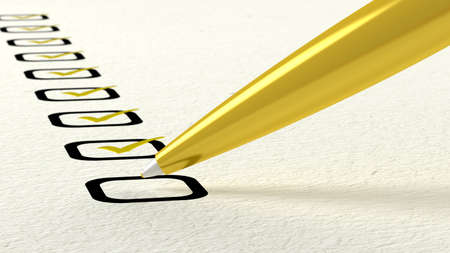 Golden ball pen crossing off items from a checklist on white paper 3D illustrationの写真素材