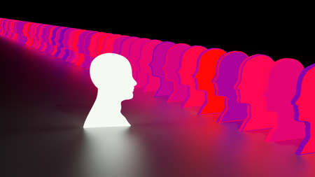 White glowing head symbol facing a row of red glowing fading away into the dark having an idea leadership business concept 3D illustrationの写真素材