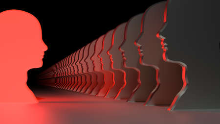 Red glowing head symbol facing a row of reflecting fading away into the dark having an idea leadership business concept 3D illustrationの写真素材