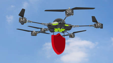 Drone in front of blue sky with a red shield hanging below security concept 3D illustrationの写真素材
