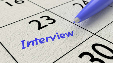 blue ballpen on a paper calendar closeup with the word interview 3D illustrationの写真素材