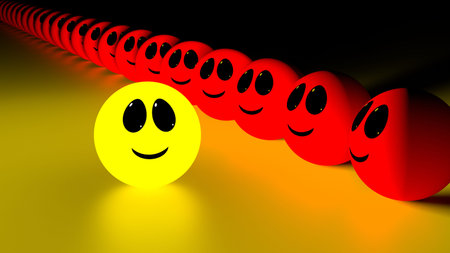 Yellow glowing ball with a smiling face standing out from the crowd of red spheres looking at the individual 3d Illustrationの写真素材