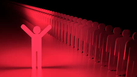 Red happy glowing man standing next to a row of ordinary people individuality concept 3D illustrationの写真素材