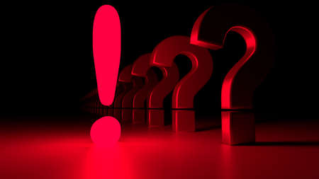 Red glowing exclamation mark standing out from the crowd of reflecting question marks fading into the darkness solution concept 3D illustrationの写真素材