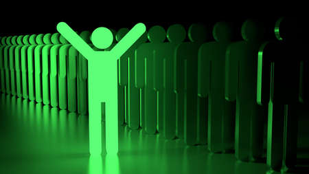 Green happy glowing man standing next to a row of ordinary people individuality concept 3D illustrationの写真素材