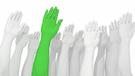 Multiple arms and hands raised in white with one green standing out from the crowd 3D illustrationの写真素材