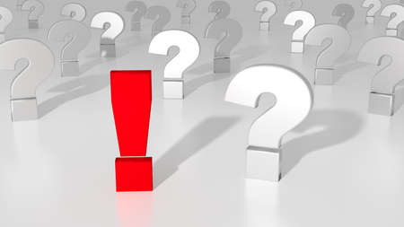 Red exclamation mark standing out from the crowd of white question marks on white solution concept 3D illustrationの写真素材
