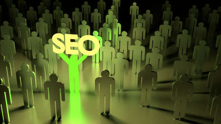 Crowd of men and one green glowing person standing out from the crowd with an SEO sign search engine optimization concept 3D illustrationの写真素材