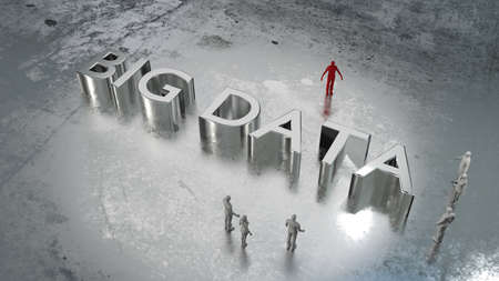 Huge word big data on wet metal floor surrounded by a group of people 3D illustrationの写真素材