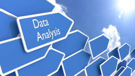 Blue arrows with the words data analysis in front of blue sky pointing at the sun 3D illustrationの写真素材