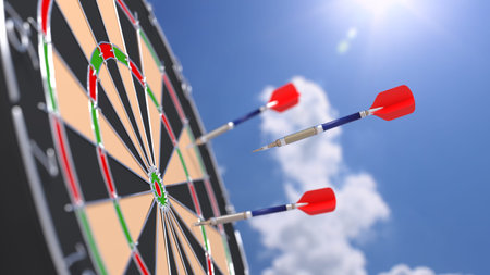 Arrow flying towards a bulls eye of a dart board with blurry sunny background 3D illustration