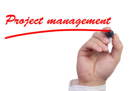 Hand underlining the work project management in red isolated on whiteの写真素材