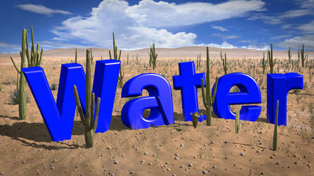 The word water in a desert on a hot and sunny day absence of water concept 3D illustrationの写真素材