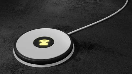 White wireless charging pad for mobile phone and tablet with green glowing icon on a black stone table 3D illustrationの写真素材