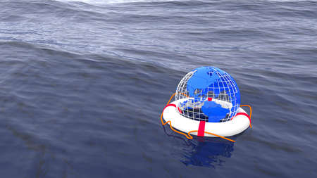 Globe swimming in a life buoy on the ocean save the planet environmental concept 3D illustrationの写真素材