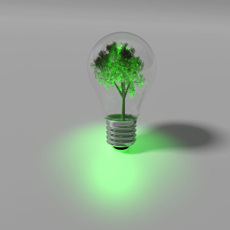 Glowing tree inside a light bulb in a dark room 3D illustrationの写真素材