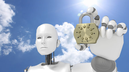 Female robot in front of sunny sky holds a golden padlock cybersecurity concept 3D illustration