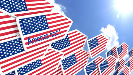 Flying arrows with the american flag heading towards the sun america first concept 3D illustrationの写真素材