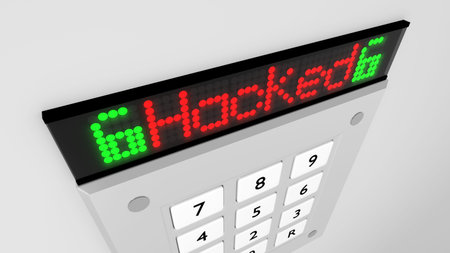 Silver number keypad on a wall with a red led display on top showing the word hacked 3D illustration