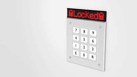 Silver number keypad on a wall with a red led display on top showing the word locked 3D illustrationの写真素材
