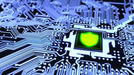 Blue circuit board closeup connected to a cpu with a glowing green shield symbol on top cybersecurity concept 3D illustrationの写真素材
