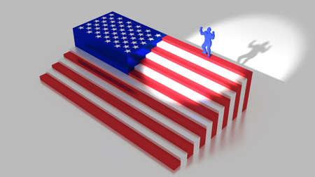 American flag as stairs with a businessman on top raising his arms america first concept 3D illustrationの写真素材