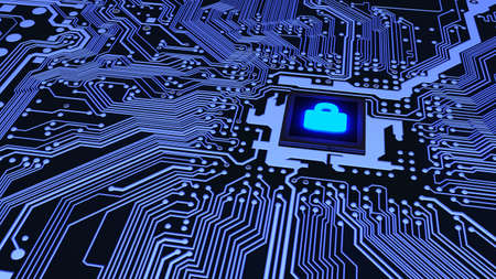 Blue circuit board closeup connected to a cpu with a glowing padlock symbol on top cybersecurity concept 3D illustrationの写真素材