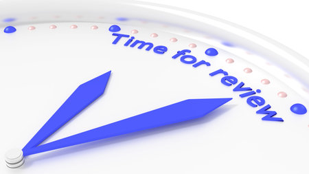 Clock with two blue hands pointing to the words time for review 3D illustration