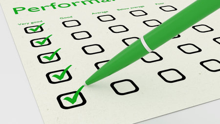 Green ball pen crossing off very good on a performance evaluation checklist on white paper 3D...