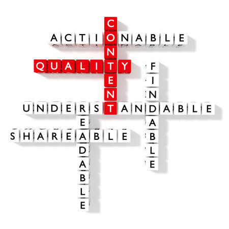 Crossword puzzle showing content quality components as dice on a white flat board SEO concept 3D illustrationの写真素材