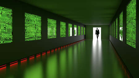 A hacker in a black suit enters the backdoor of a room with screens showing a glowing circuit and a red alarm light iot cybersecurity concept 3D illustrationの写真素材