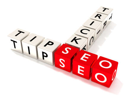 Several white dice showing the word tips and tricks next to three red cubes with the letters seo search engine optimization concept 3D illustrationの写真素材