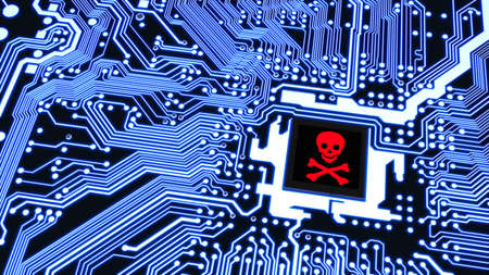 Blue circuit board closeup connected to a cpu with a glowing red skull symbol on top cybersecurity concept 3D illustrationの写真素材