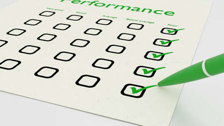 Green ball pen crossing off poor on a performance evaluation checklist on white paper 3D illustrationの写真素材