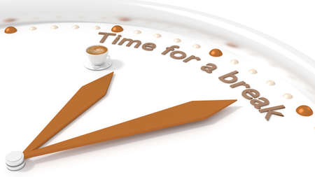Clock with two brown hands and a coffee pointing to the words time for a break 3D illustrationの写真素材