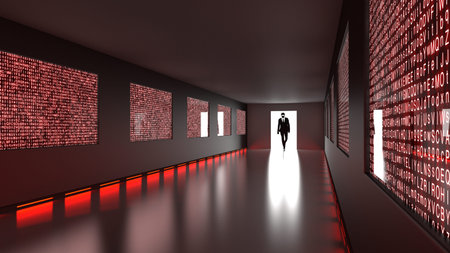 A hacker in a black suit enters the backdoor of a room with screens showing glowing random letters...