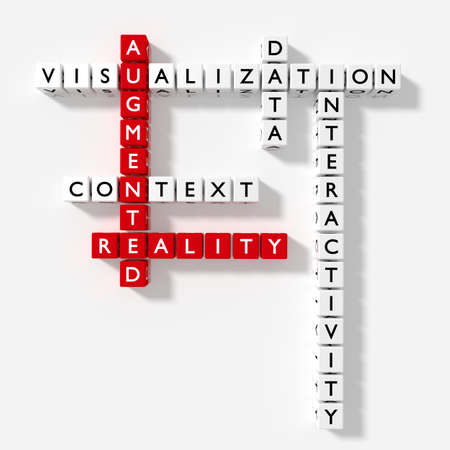 Crossword puzzle showing augmented reality keywords as dice on a white board technology concept 3D illustrationの写真素材