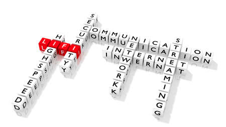 Crossword puzzle showing LIFI keywords as dice on a white board communication concept 3D illustrationの写真素材