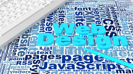 Computer keyboard on white desk with web design keywords wordcloud and blue pen creativity concept 3d illustrationの写真素材