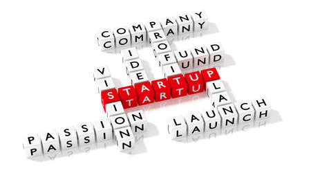 Crossword puzzle showing startup keywords as dice on white business concept 3D illustrationの写真素材