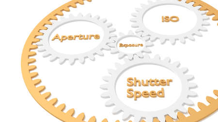 Planetary gears representing the relationship between aperture iso and shutter speed exposure triangle concept 3D illustrationの写真素材