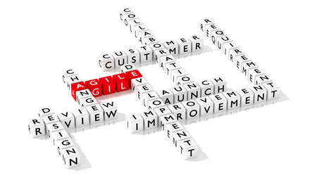 Crossword puzzle showing agile development keywords as dice on white business concept 3D illustrationの写真素材